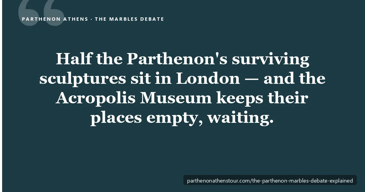 The Parthenon Marbles debate explained — original Parthenon frieze blocks in the Acropolis Museum displayed beside white plaster casts of the sculptures held in the British Museum in London